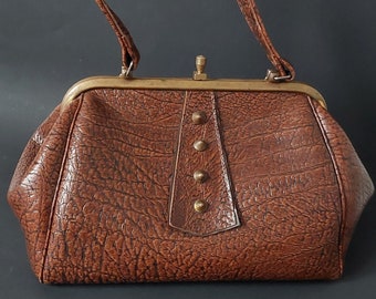 Vintage Handbag women bag retro 1960s purse box bag leather imitation top handle gold metal clasp, women's fashion accessory gift
