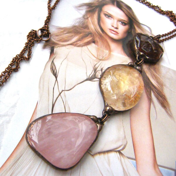 Stone Pendant Citrine/Stone jewelry/boho necklace/Pink quartz/Long pendant/Amulet/Birthstone/Christmas gifts for her/woman gift/Witrazka