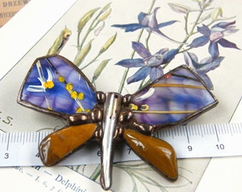 Stone Brooch Butterfly blue-copper/Hand Painted jewelry artistic/Butterfly Jewelry Recycled/Christmas gifts for woman/for grandma/Witrazka