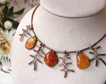 Carnelian stone cooper necklace leaf jewelry cooper/Statement necklace stone jewelry Carnelian amulet/artistic gift women/Witrazka