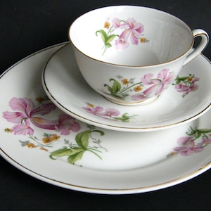 Vintage Assiette soucoupe tasse en porcelaine trio 1940-1950, service Sonnenburg décoration porcelaine fleur orchidée, livraison gratuite