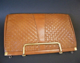 Vintage Handbag women bag retro 1960s purse box bag, brown leather imitation top handle gold metal clasp, women's fashion accessory gift