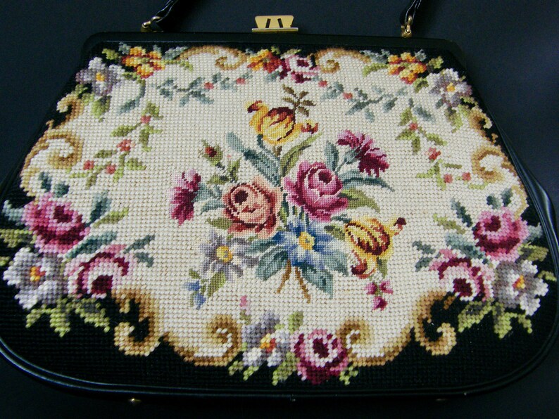 Vintage women's handbag 1930, retro trunk, retro cross stitch leather handbag top handle metal clasp, fashion gift for women image 3