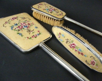 Vintage Art Deco mirror, retro hairbrush, decorative toilet set with handle/Handheld Cosmetic Mirror Women Ornament Dressing Table Decor