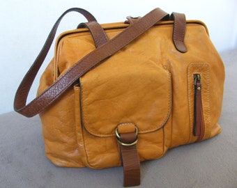 Vintage Damen Tasche Leder /Arzttaschen-Stil Tasche Rahmentasche braun Leder Senffarbe, oberer Griff, Damenmode-Accessoire, Geschenk