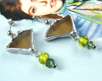 Green Agate Stone Earrings Beige Triangle/Dangle earrings handcrafted jewelry artistic/Stone jewelry/Christmas gifts woman/for girl/Witrazka