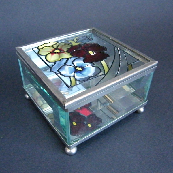 Jewelry box storage box stained glass crystal painted pansies / vintage casket jewelry box / gift box vintage decoration