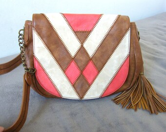Vintage Handbag women bag retro boho ethno folk patchwork/imitation leather/Steve Madden/long shoulder strap, women's fashion accessory gift