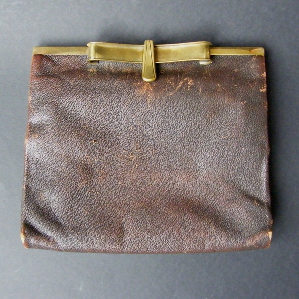 Vintage sac femme sac à main ancien pochette art déco cuir marron laiton fermoir métal doré/cadeau accessoire mode femme