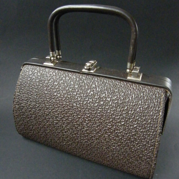 Vintage torebka damska 1940-50, retro kuferek, brązowa torebka imitacja skóry górny uchwyt metalowe zapięcie, modny prezent dla kobiet