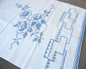 Vintege kitchen towel embroidered blue cross stitch embroidery handmade floral embroidery decor flowers retro kitchen decoration