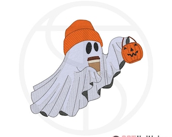 5# Ghosts: Halloween Ghost with Coffee, wearing a hat and carrying a pumpkin Embroidery Design