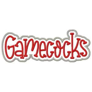 May include: A red embroidered "Gamecocks" design with a gray outline, perfect for apparel or accessories. The text is in a playful, cursive font, ideal for fans of the South Carolina Gamecocks.