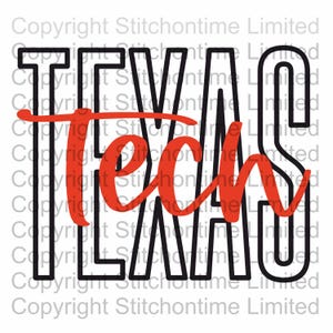 May include: A graphic design featuring the words "TEXAS TECH" in a bold, black font. The word "TECH" is written in a vibrant red, cursive style, overlaying the word "TEXAS". The background is white.
