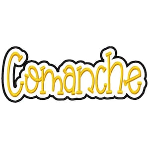 Puede incluir: La palabra "Comanche" en letras cursivas amarillas, con un contorno negro y un borde blanco. El diseño presenta una fuente manuscrita, adecuada para diversas aplicaciones.