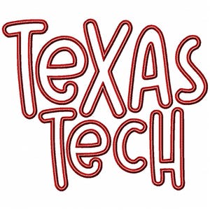 Könnte beinhalten: Grafikdesign mit den Worten "Texas Tech" in einer fetten, umrandeten Schriftart. Der Text ist in einem tiefroten Farbton mit einer dunkleren roten Umrandung gehalten, vor einem sauberen weißen Hintergrund. Das Design hat eine verspielte, studentische Ausstrahlung.