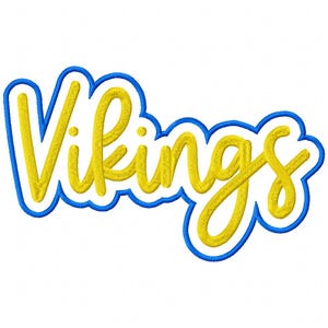 May include: Yellow embroidered text that reads "Vikings" with a blue outline and a white background. The word is in a cursive font, and the design is likely for apparel or team merchandise.