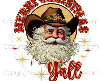 32# SANTA: Retro Vintage Cowboy Santa Christmas PNG. Merry Christmas Y'all