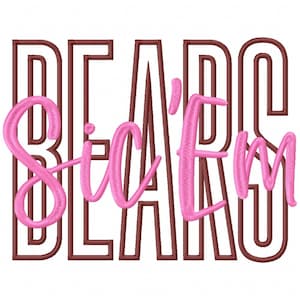 May include: A graphic design featuring the words "BEARD Sic'Em" in a combination of block and cursive fonts. The word "BEARD" is in a dark brown block font, while "Sic'Em" is in a pink cursive font.