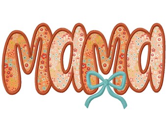 リボンアップリケ刺繍デザイン「MAMA」。フープサイズは3種類。*即時ダウンロード*