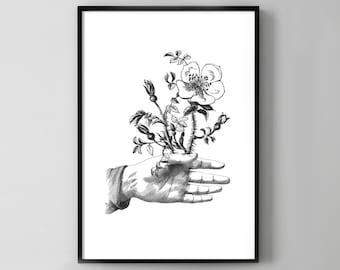 Impresión vintage de una mano sosteniendo una flor: Arte retro en blanco y negro (impresión digital)