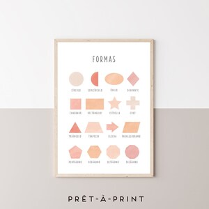 Shapes Spanish Poster, Peachy Nursery Decor, Big Girl Room Decor, Montessori Spanish Print, Coral Woodland Room, Playroom Decor Digital File