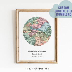 Carte vintage personnalisée d'Édimbourg, cadeau personnalisé pour les couples, cadeau de premier anniversaire, impression de carte unique, cadeau pour couple, cadeau pour les amateurs de voyage