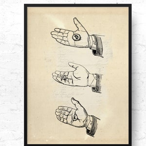 May include: Three vintage illustrations of hands holding different cryptocurrency coins. The top hand holds a Bitcoin, the middle hand holds an Ethereum, and the bottom hand holds a Litecoin.