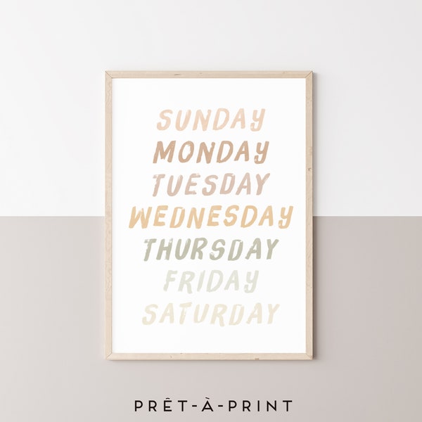 Days of the Week Printable Wall Art, Montessori Poster, Boho Scandic Decor, Boho Nursery Print, Neutral Decor, Homeschool Print-Digital File