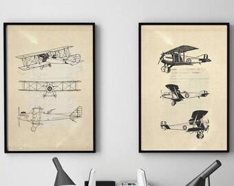 Conjunto de láminas de aviones antiguos: Ilustración de avión, decoración de aviación (impresión digital)
