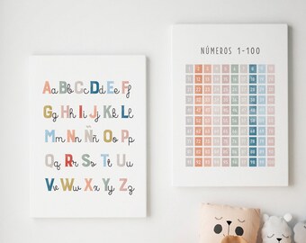 Póster con el abecedario y los números en español: Decoración Montessori para guardería (archivo digital)