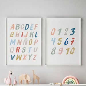 Colorful Spanish Alphabet Printable Wall Art, Numbers Print, Set of 2, Educational Nursery Decor, Spanish Alfabeto, ABC123 - Digital File