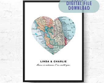 Custom Heart Map, Boyfriend or Husband Anniversary Gift, Unique Travel Map Print, Anniversary Gift, Travel Gift for Couple, Gift for Her