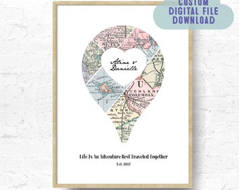 Paper Anniversary Gift For Her, Custom City Map Printable, Anniversary Gifts, Custom Map Gift, Custom Map Poster, Heart Maps, Many Sizes