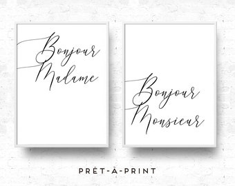 Bonjour Madame and Bonjour Monsieur Print, Set of 2, Paris Decor Bedroom, Bonjour Sign, Bonjour Wall Art - 18x24 HD - DIGITAL PRINT-