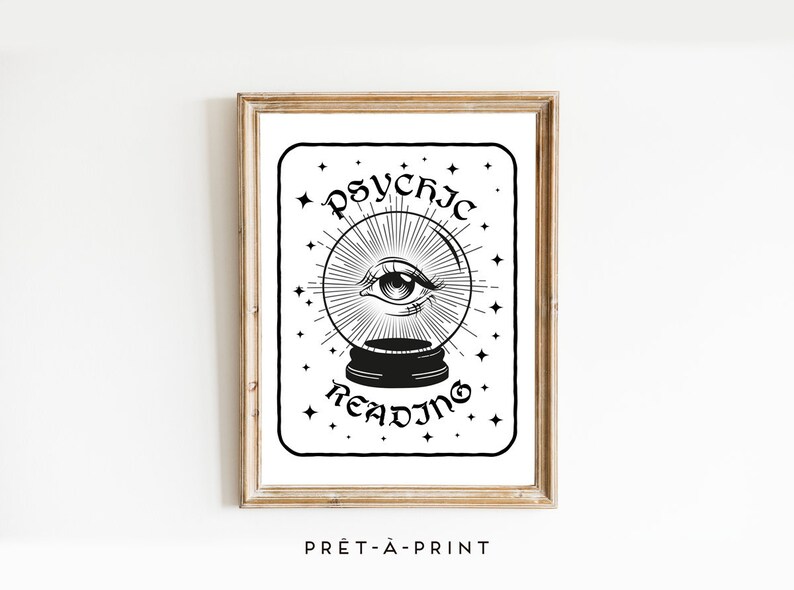 Puede incluir: Ilustraci&oacute;n en blanco y negro de una bola de cristal con un ojo en su interior. El texto "Psychic Reading" est&aacute; escrito alrededor de la bola de cristal.