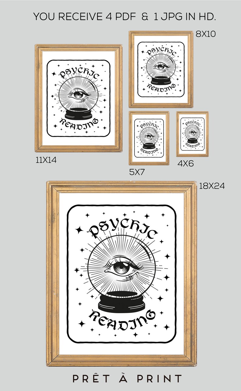 Puede incluir: Un conjunto de descargas digitales imprimibles para un dise&ntilde;o con tem&aacute;tica de lectura ps&iacute;quica. El dise&ntilde;o presenta una ilustraci&oacute;n en blanco y negro de un ojo dentro de una bola de cristal con el texto "PSYCHIC READING". La imagen muestra cuatro tama&ntilde;os diferentes del dise&ntilde;o, 28x35 cm, 20x25 cm, 13x18 cm y 10x15 cm.