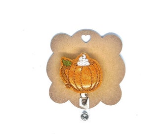 Badge Reel, Retractable badge reel, ID holder, Interchangeable badge reel, Thanksgiving badge reel, Pumpkin Mug badge, pumpkin feltie