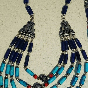 Tibeten Style Turquoise, Lapis Lazuli, Coral and Sterling Silver beaded necklace