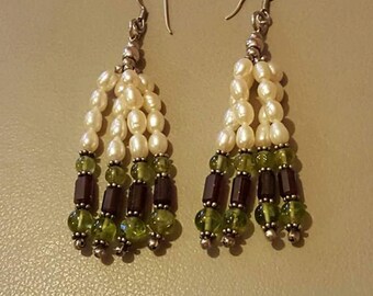 Pearl, Peridot and Garnet earrings with solid silver.