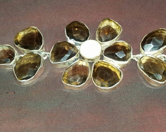 Flower Smokey Topaz and mother of pearl sterling silver bracelet