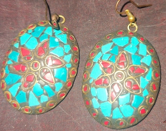 Turquoise Red Topaz Inlay enamelled earrings