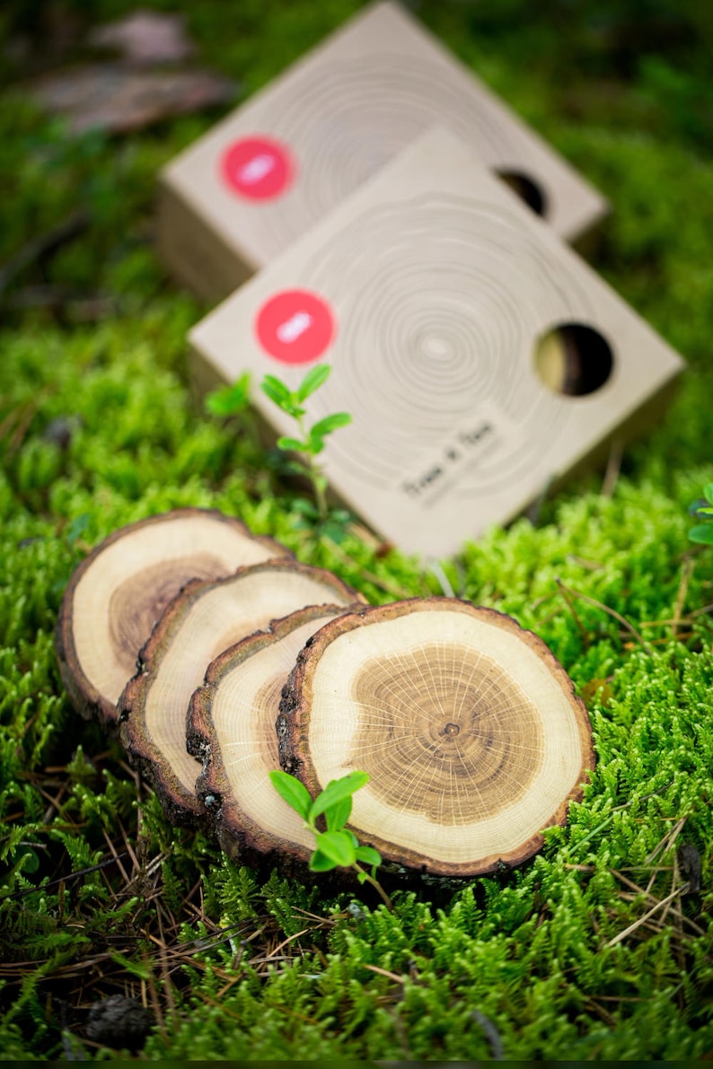 Puede incluir: Cuatro posavasos de madera hechos de rodajas de &aacute;rbol con bordes de corteza naturales. Los posavasos est&aacute;n apilados en un lecho de musgo verde. Los posavasos son de color madera natural con patrones de veta visibles.