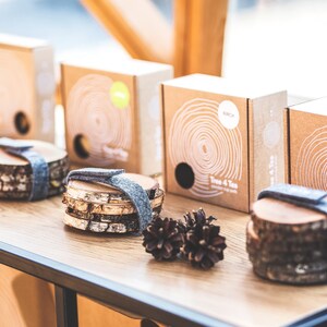 Puede incluir: Cuatro juegos de posavasos de madera con fondo de fieltro, cada juego apilado uno encima del otro. Los posavasos est&aacute;n hechos de diferentes tipos de madera, incluyendo abedul, aliso y roble. Cada juego est&aacute; empaquetado en una caja de cart&oacute;n con un dise&ntilde;o de veta de madera y el texto "Tree 4 Tea" impreso en la parte delantera.