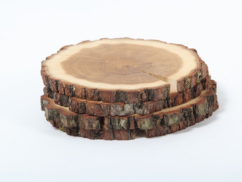 Puede incluir: Una pila de cuatro rodajas de madera redonda con bordes de corteza. Las rodajas est&aacute;n dispuestas en una pila, con la rodaja superior siendo la m&aacute;s grande.