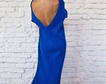 Blue Knit Maxi Dress: Wool Blend, Long Sleeve