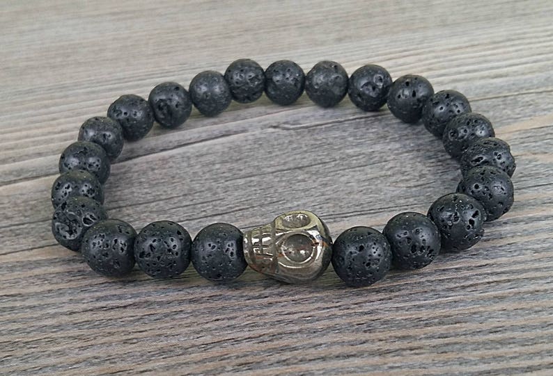 Men/'s bracelet natural lava stones natural 8mm and skull of pyrite