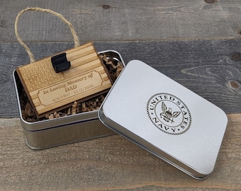 Personalized Military Funeral Memorial Wood Ornament in Commemorative Tin Box - Holds Spent Casing from Funeral Volley