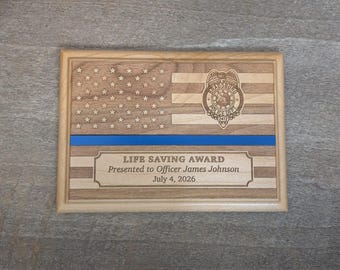 Thin Blue Line Recognition Award - Wooden Laser Engraved Plaque with Custom Logo