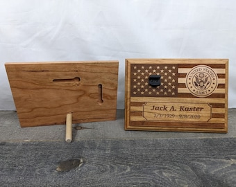 Military Funeral Memorial 5x7 Cherry Plaque with Bullet Casing Holder and Stand